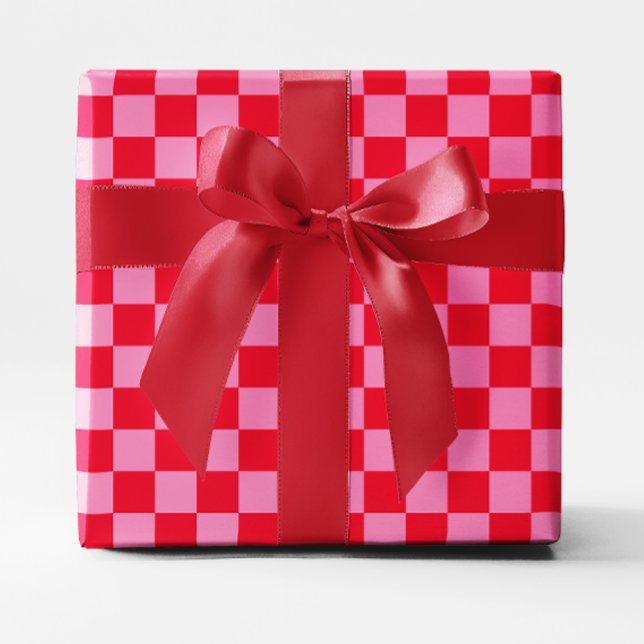Papel De Presente Xadrez Vermelho e Rosa (Bright Red and Pink Checkered Wrapping Paper)