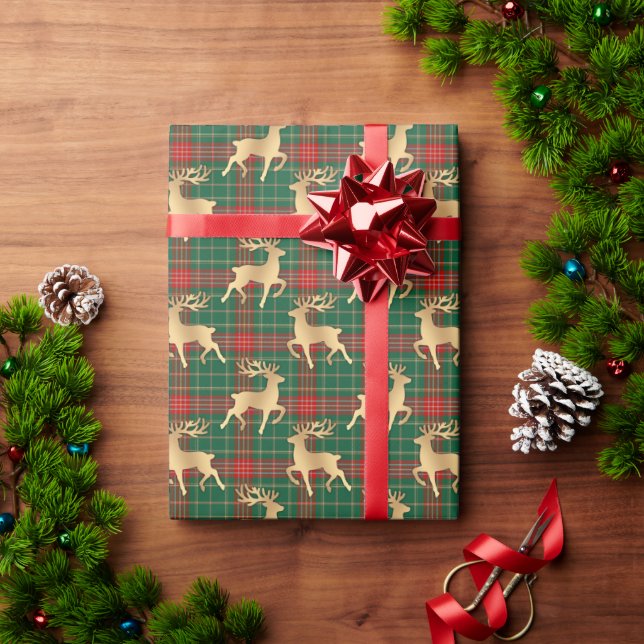 Papel De Presente Xadrez Vermelho e Verde com Rena em Faux Dourado (Presente de Natal)