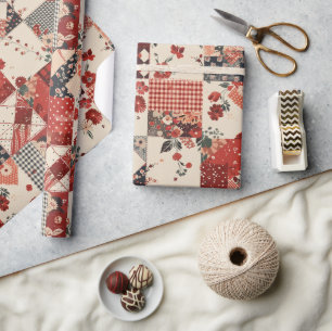 Papel De Presente Xadrez Vermelho Quilt Cottagecore Floral
