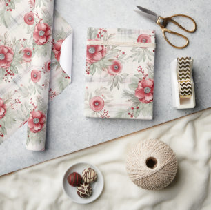 Papel De Presente Xadrez Vintage Floral Berry Mix