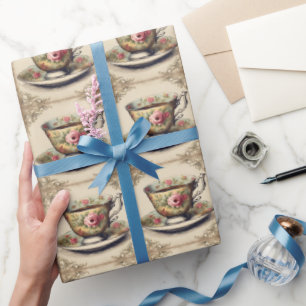 Papel De Presente Xícara de Chá Floral Vintage Francesa Rústica