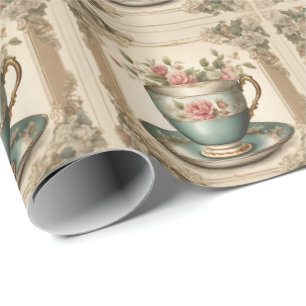 Papel De Presente Xícara de Chá Floral Vintage Francesa Rústica