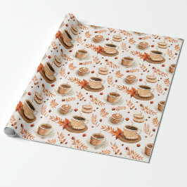 Papel De Presente Xícaras de Café de Outono e Folhas Aconchegantes A