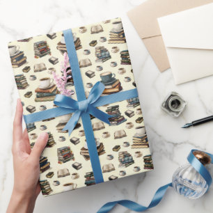 Papel De Presente Xícaras de Café & Livros em Amarelo Claro