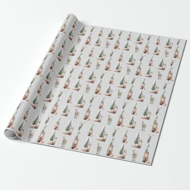 Papel De Presente Xmas Rustic Kraft Elegant Snowy Winter Animais (Desenrolado)