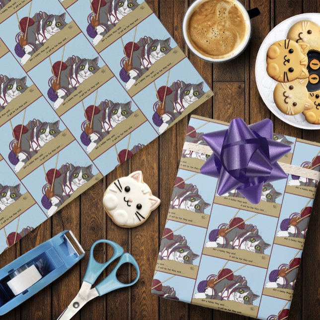 Papel De Presente Yarn Knitting Engraçado Cat (Criador carregado)