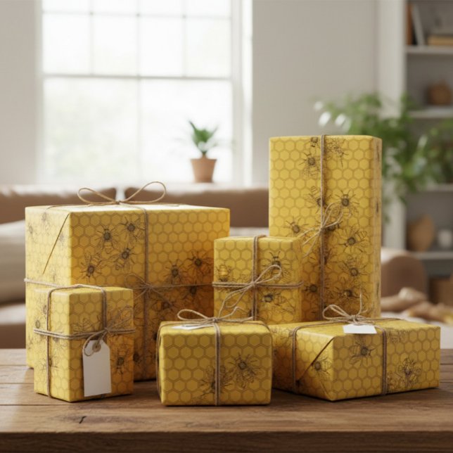 Papel De Presente Yellow Honey Bee & Honeycomb (Criador carregado)