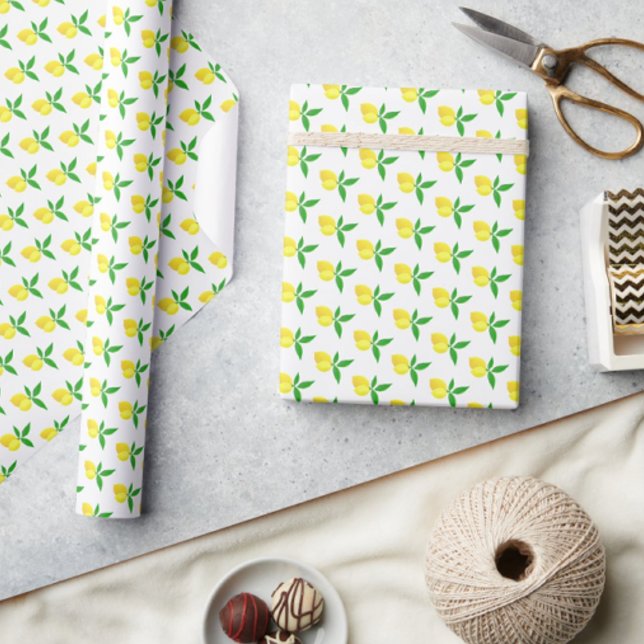 Papel De Presente Yellow Lemons Green Leaves White Background (Springtime fresh!)