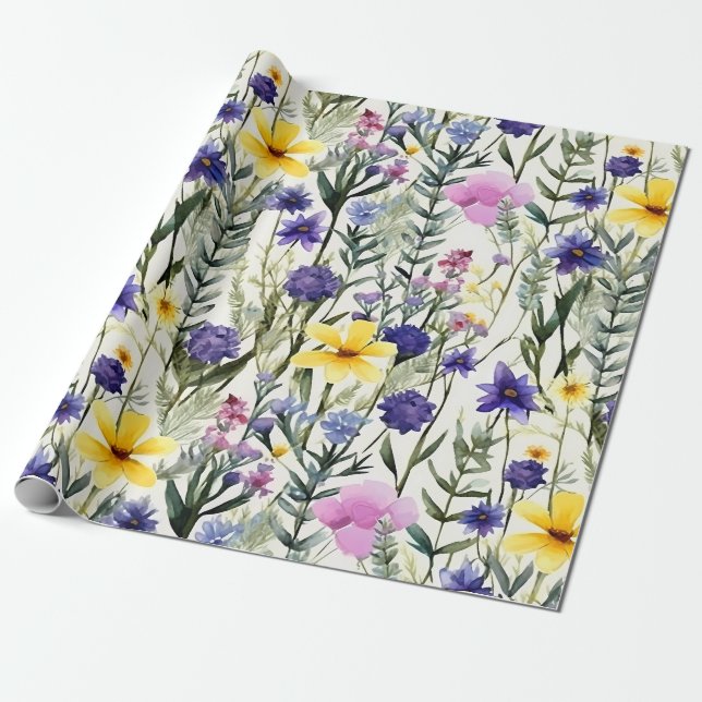 Papel De Presente Yellow Purple Wildflower Floral Garden Pattern (Desenrolado)