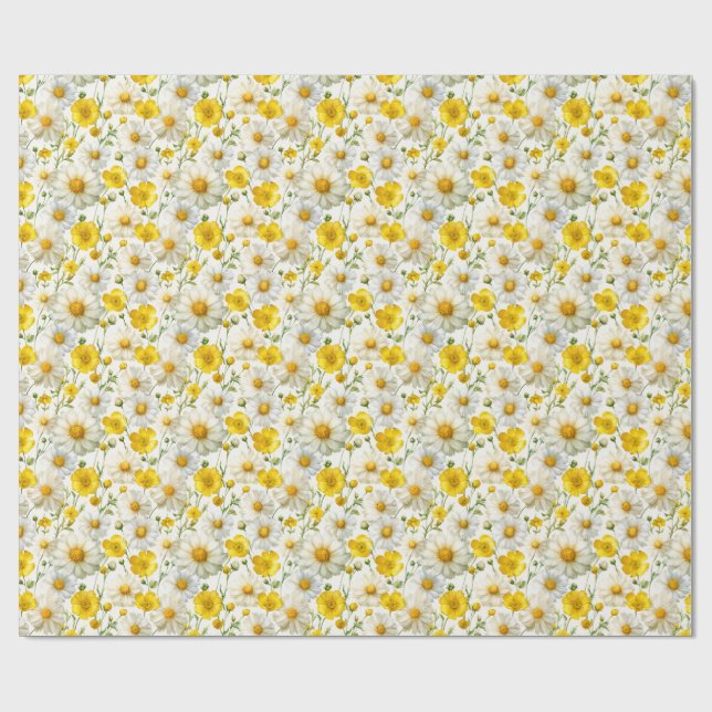 Papel De Presente Yellow Watercolor Wildflowers Pattern  (Aberto)