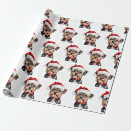 Papel De Presente Yorkshire Terrier com chapéu de Papai Noel