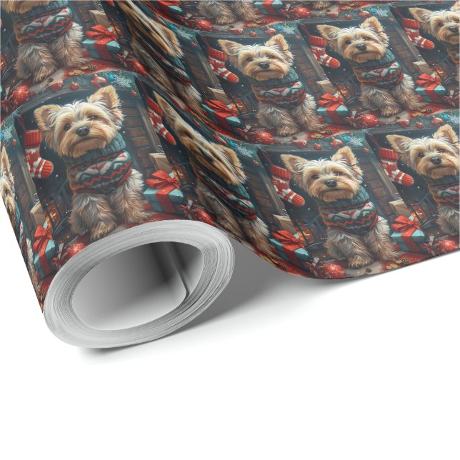 Papel De Presente Yorkshire Terrier Com Presentes de Natal Lareira (Ponta do rolo)
