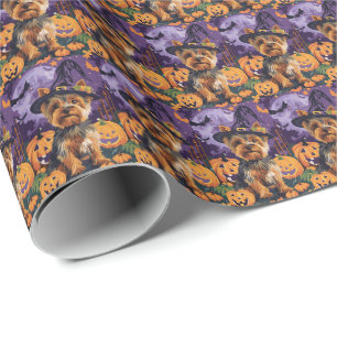 Papel De Presente Yorkshire Terrier Dog Halloween Witée E Pumpkin