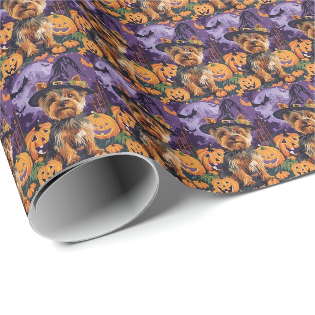Papel De Presente Yorkshire Terrier Dog Halloween Witée E Pumpkin (Ponta do rolo)