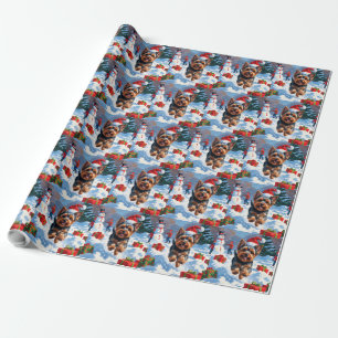 Papel De Presente Yorkshire Terrier na Neve com Chapéu de Natal