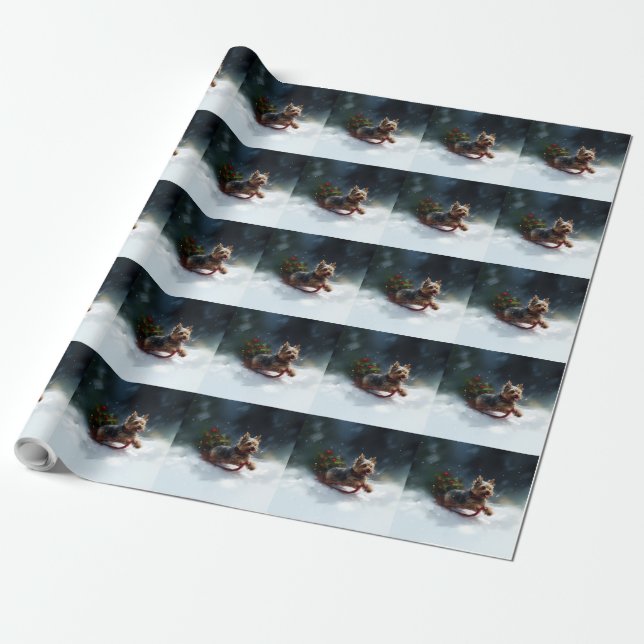 Papel De Presente Yorkshire Terrier Natal neve inverno (Desenrolado)
