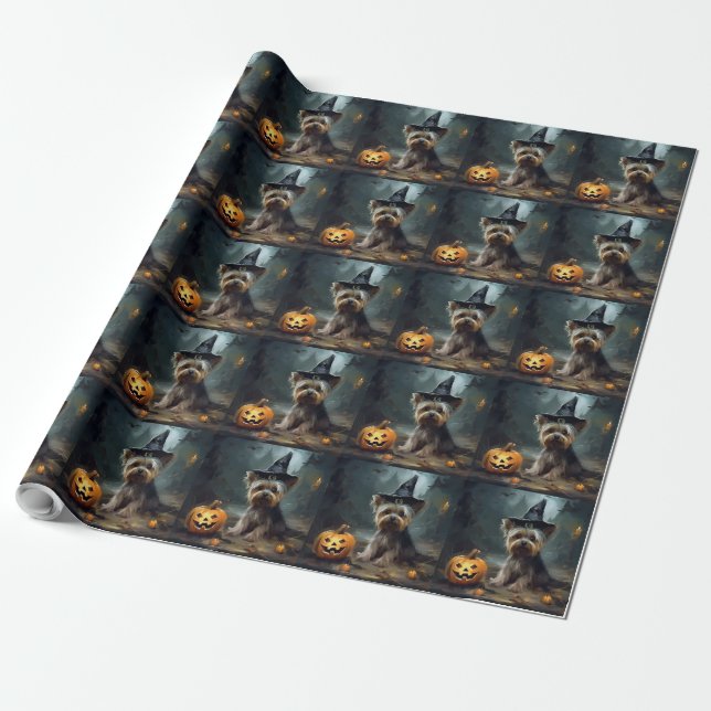 Papel De Presente Yorkshire Terrier Pumpkins Halloween Scary (Desenrolado)