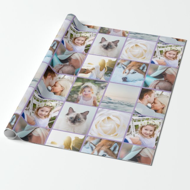 Papel De Presente Your Photo Custom Grid Collage Lavender purple (Desenrolado)