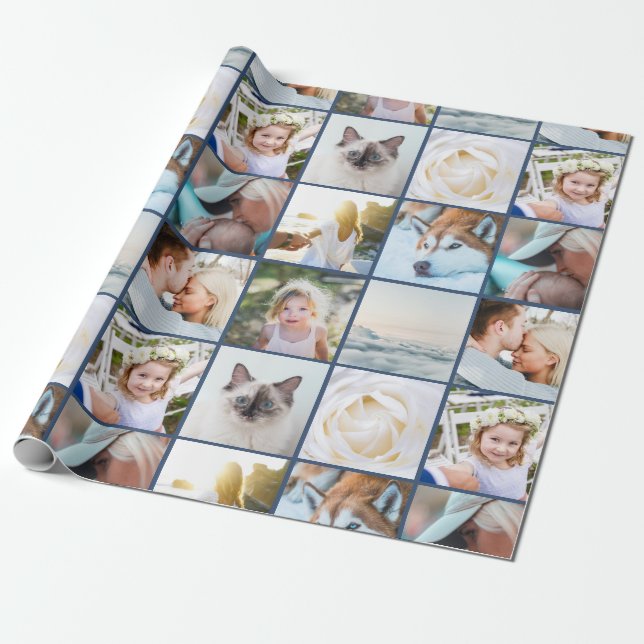 Papel De Presente Your Photo Custom Grid Collage Navy Blue (Desenrolado)