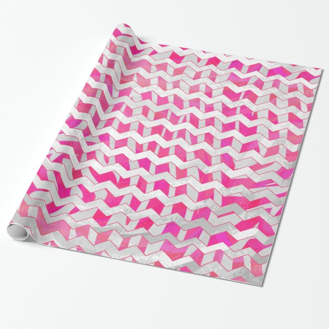 Papel De Presente Zebra Chevron Branca, Rosa-Quente (Desenrolado)