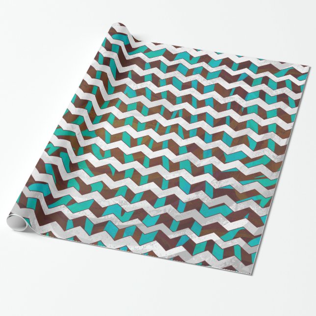Papel De Presente Zebra Chevron Brown e Teal Impressão (Desenrolado)