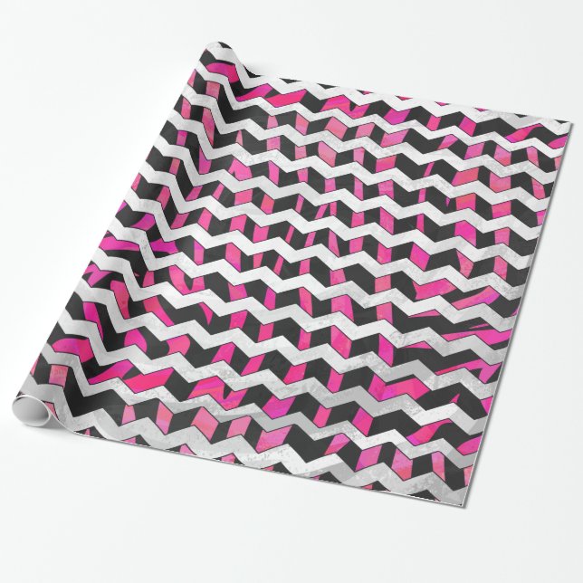 Papel De Presente Zebra Chevron Preto e Rosa Quente (Desenrolado)