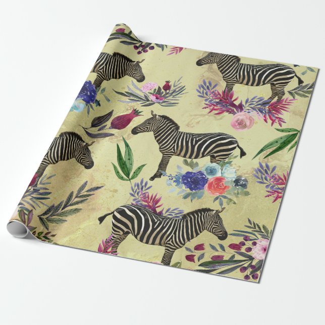 Papel De Presente Zebra de flor selvagem (Desenrolado)