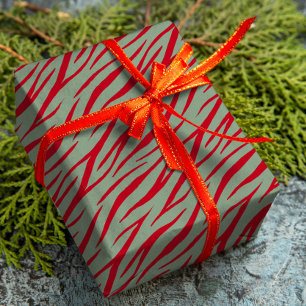 Papel De Presente Zebra Print Sage Verde Vermelho Escuro Natal Moder