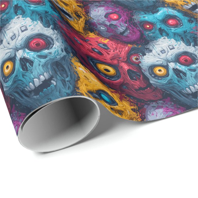Papel De Presente Zed Head - Neon Zombie Horde Pattern (Ponta do rolo)