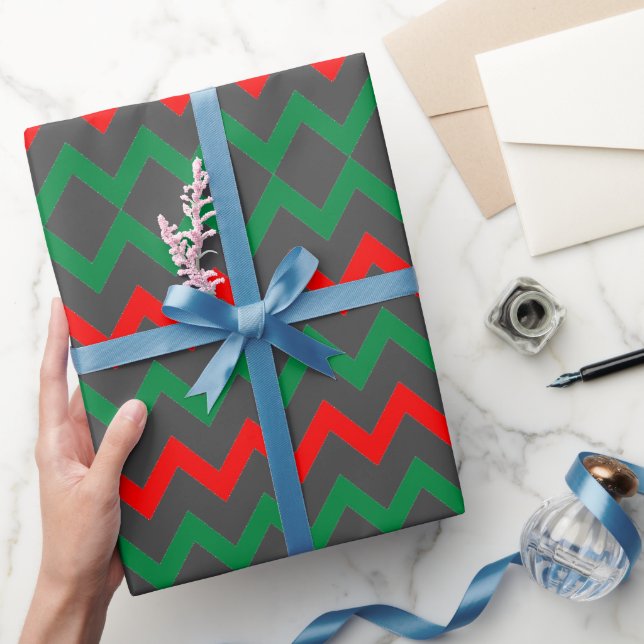 Papel De Presente ZigZag, Cinzas Verdes Vermelhas (Presentear)