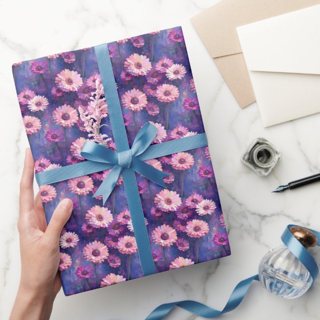 Papel De Presente Zínias Rosa em Roxo (Presentear)