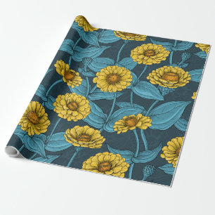 Papel De Presente Zinnias Amarelas em azul escuro