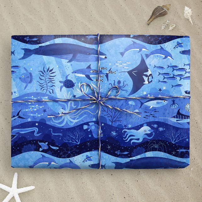 Papel De Presente Zonas de Profundidade do Oceano - Animais Submarin (Ocean Depth Zones - Undersea Animals M wrapping paper gift mockup)