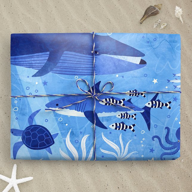 Papel De Presente Zonas de Profundidade Oceânica - Animais Submarino (Ocean Depth Zones - Undersea Animals XL wrapping paper gift mockup)