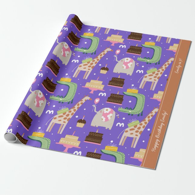 Papel De Presente Zoo Animal Padrão Roxo Feliz Aniversário com Texto (Desenrolado)