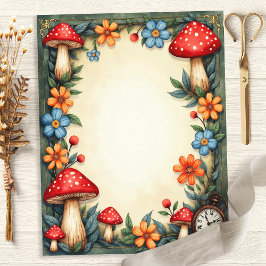 Papel de Scrapbook Alice Cogumelos e Relógio