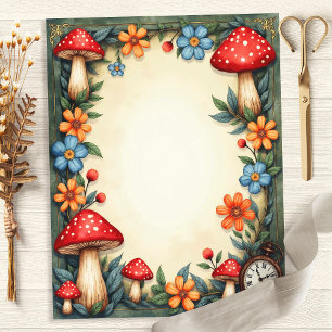 Papel de Scrapbook Alice Cogumelos e Relógio