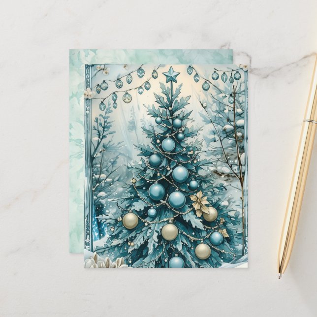 Papel de Scrapbook Árvore de Natal Azul de Inverno (Frente/Verso In Situ)