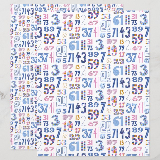 Papel de Scrapbook Branco com Números Primos até 1 (Frente/Verso)