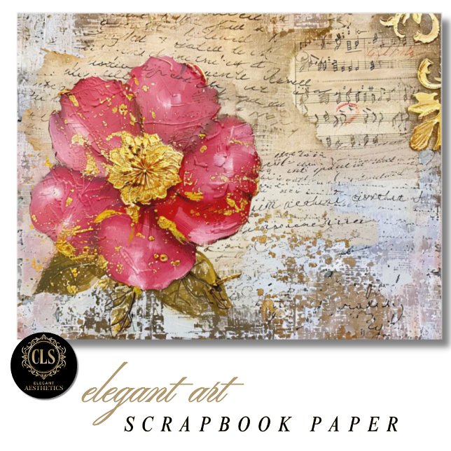 Papel de Scrapbook com Flores Vermelhas e Douradas (Scrapbook Paper – Red and Gold Flower Script)