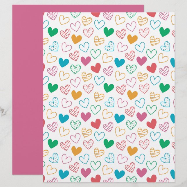 Papel de Scrapbook com Padrão de Coração Colorido (Frente/Verso)