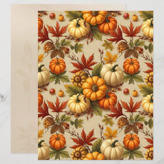 Papel de Scrapbook de Colheita de Abóbora (Frente/Verso)