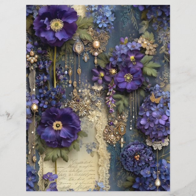 Papel de Scrapbook de Jornal Velho Flor Roxa Vinta (Frente)