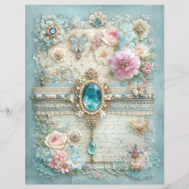 Papel de Scrapbook de Jornalzinho Azul Rosa Vintag (Frente)