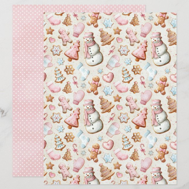 Papel de Scrapbook de Natal Rosa Pastel Fofo (Frente/Verso)