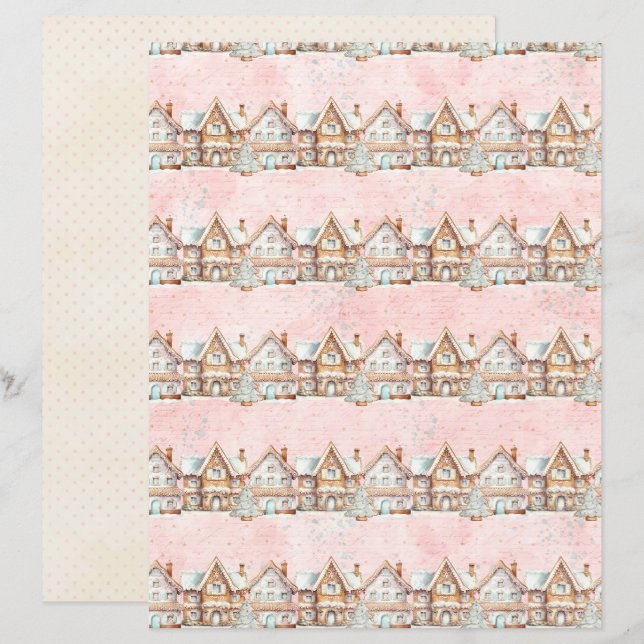 Papel de Scrapbook de Natal Rosa Pastel Fofo (Frente/Verso)