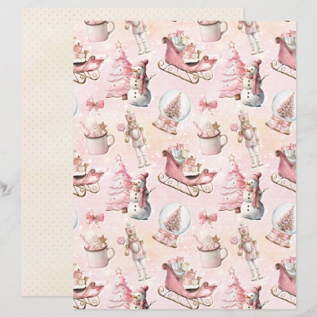 Papel de Scrapbook de Natal Rosa Pastel Fofo (Frente/Verso)