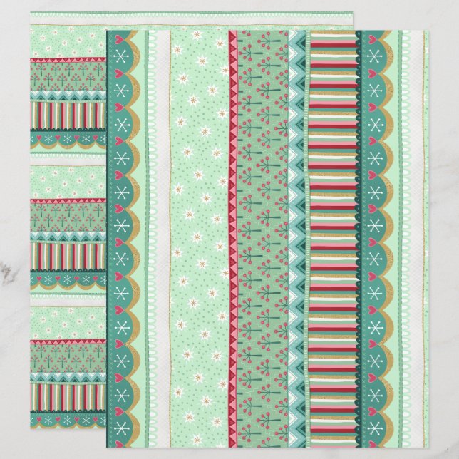 Papel de Scrapbook de Natal Verde com Listras Aleg (Frente/Verso)