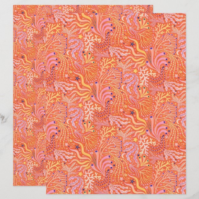 Papel de Scrapbook de Seagrass Laranja Boho de Pra (Frente/Verso)