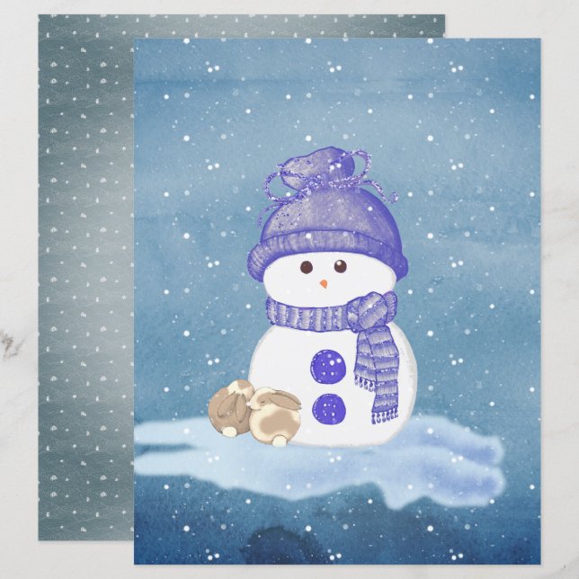 Papel de Scrapbook do Boneco de Neve e Coelhinhos  (Frente/Verso)
